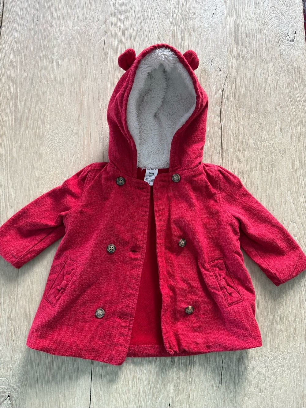 Carter's Red Hooded Double-Breasted Pea Coat with Ear Detail